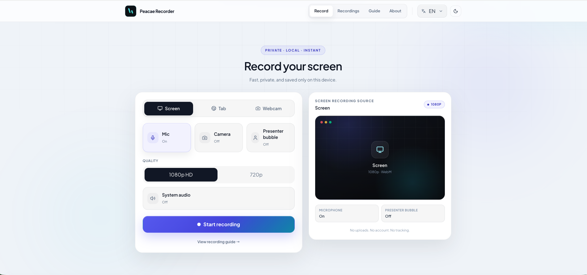 Recorder by Peacae — record screen in light mode