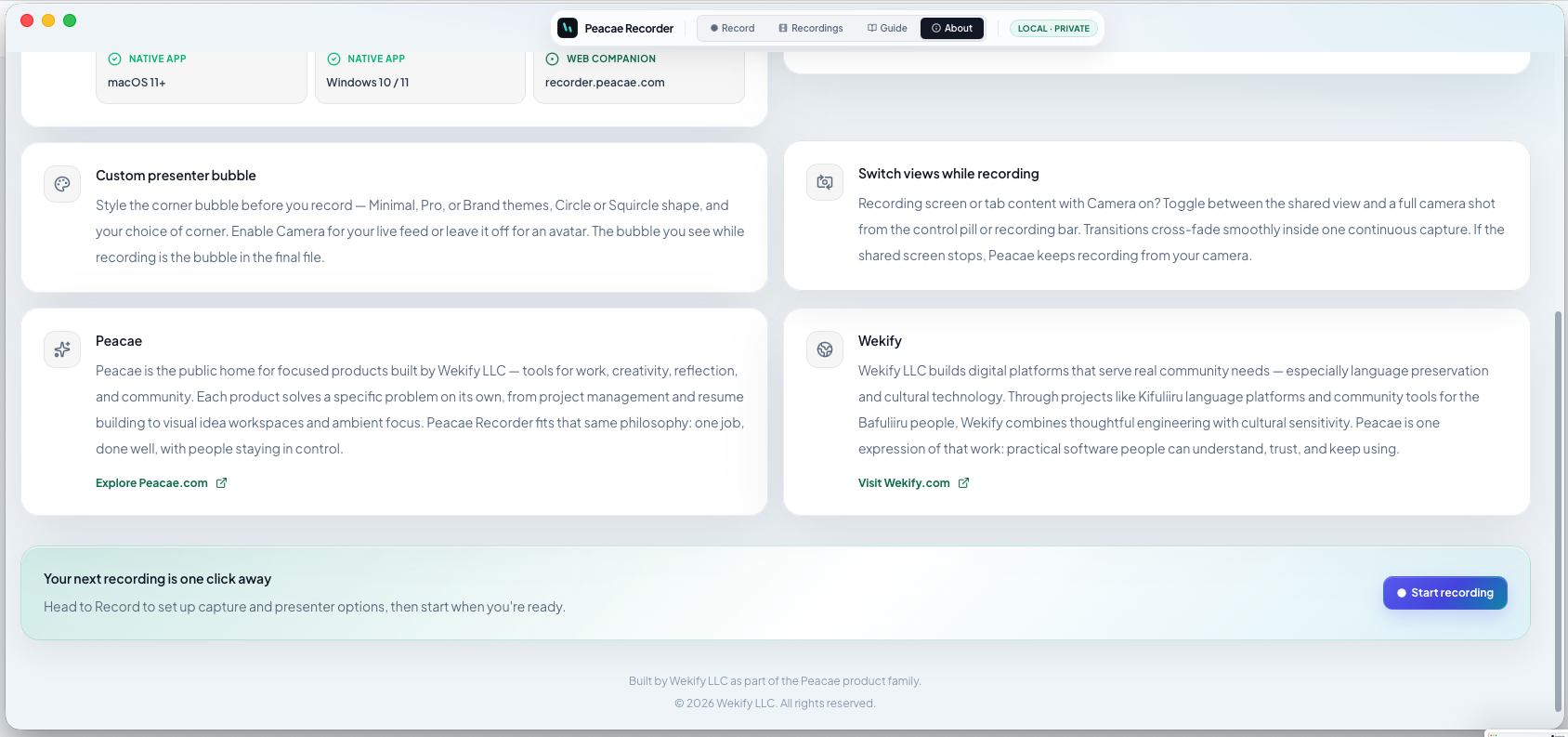 Recorder by Peacae about page feature cards for bubble styling and switching views while recording.