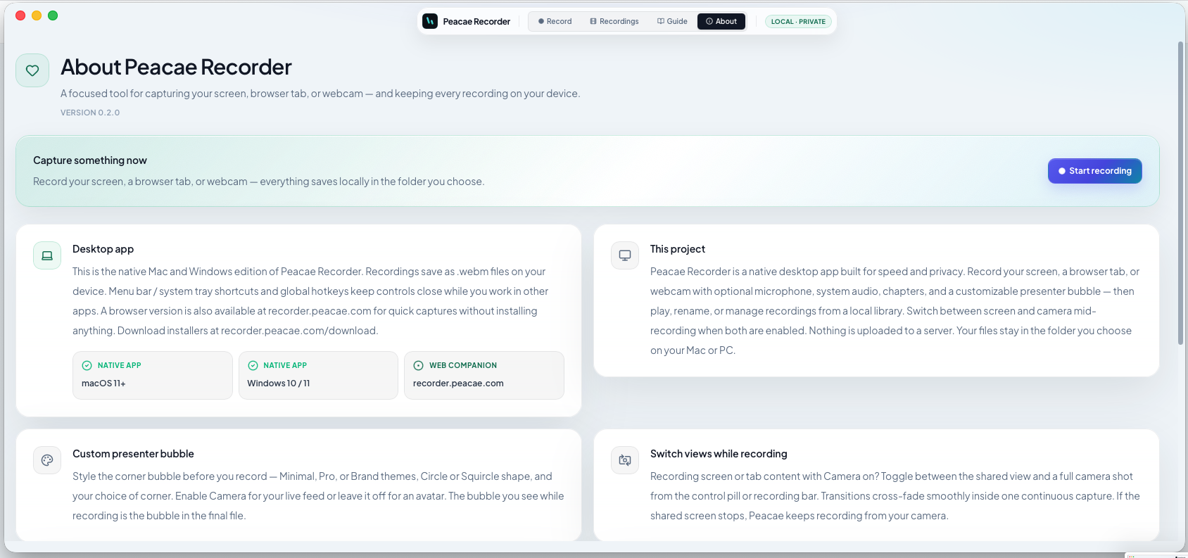 Recorder by Peacae desktop about page showing product overview and platform options.