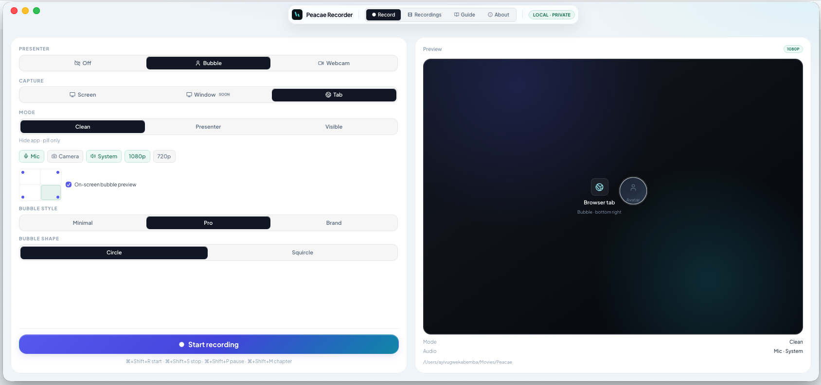 Recorder by Peacae desktop bubble position, style, and shape options with live preview.