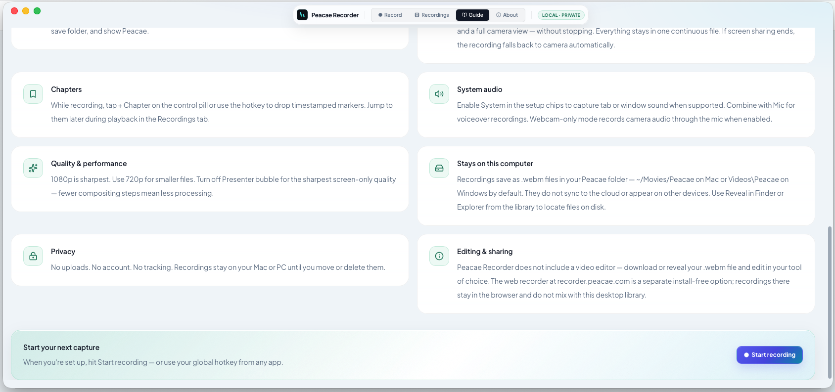 Recorder by Peacae guide cards covering chapters, audio, quality, and privacy topics.
