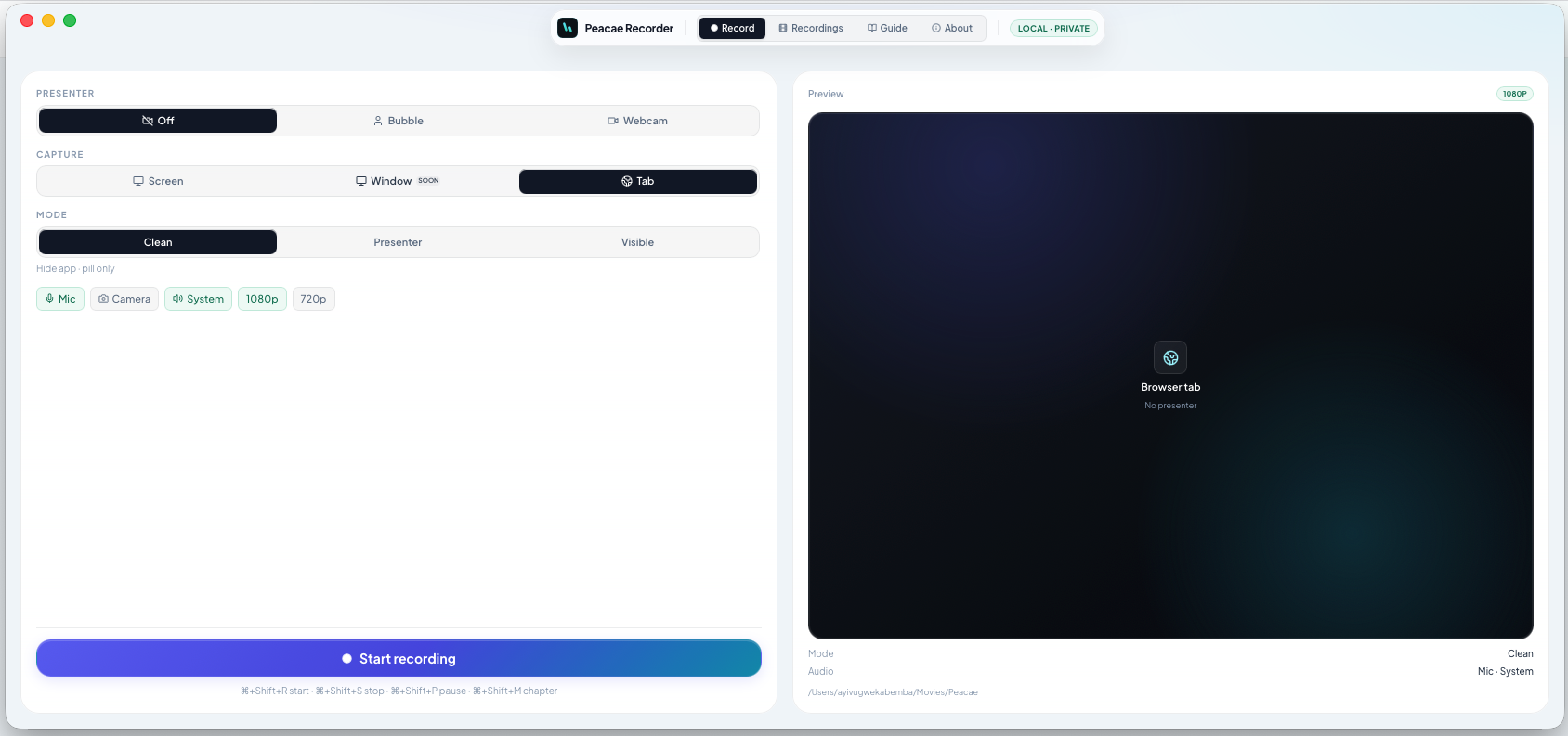 Recorder by Peacae desktop setup with tab capture selected and clean recording mode.