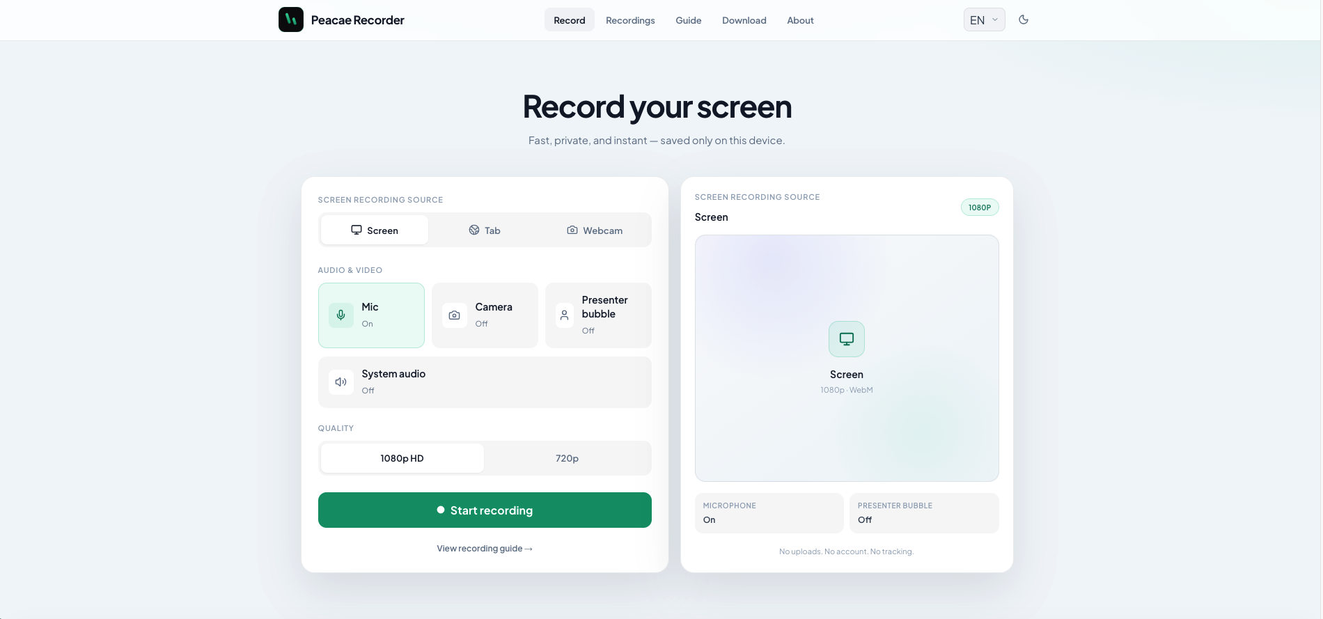 Recorder by Peacae web setup with screen source, microphone toggle, quality options, and live preview.