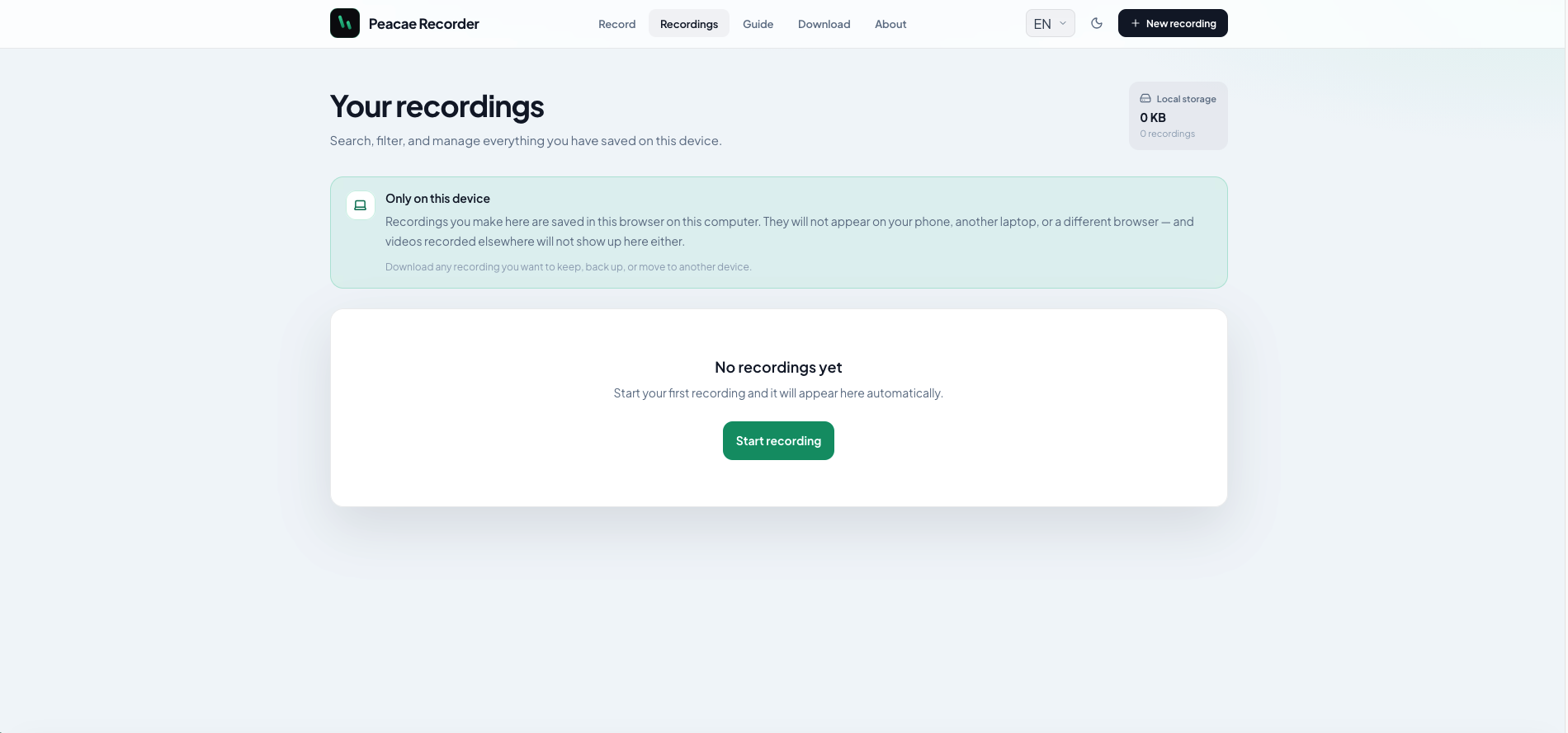 Recorder by Peacae web recordings library with local storage indicator and empty state.